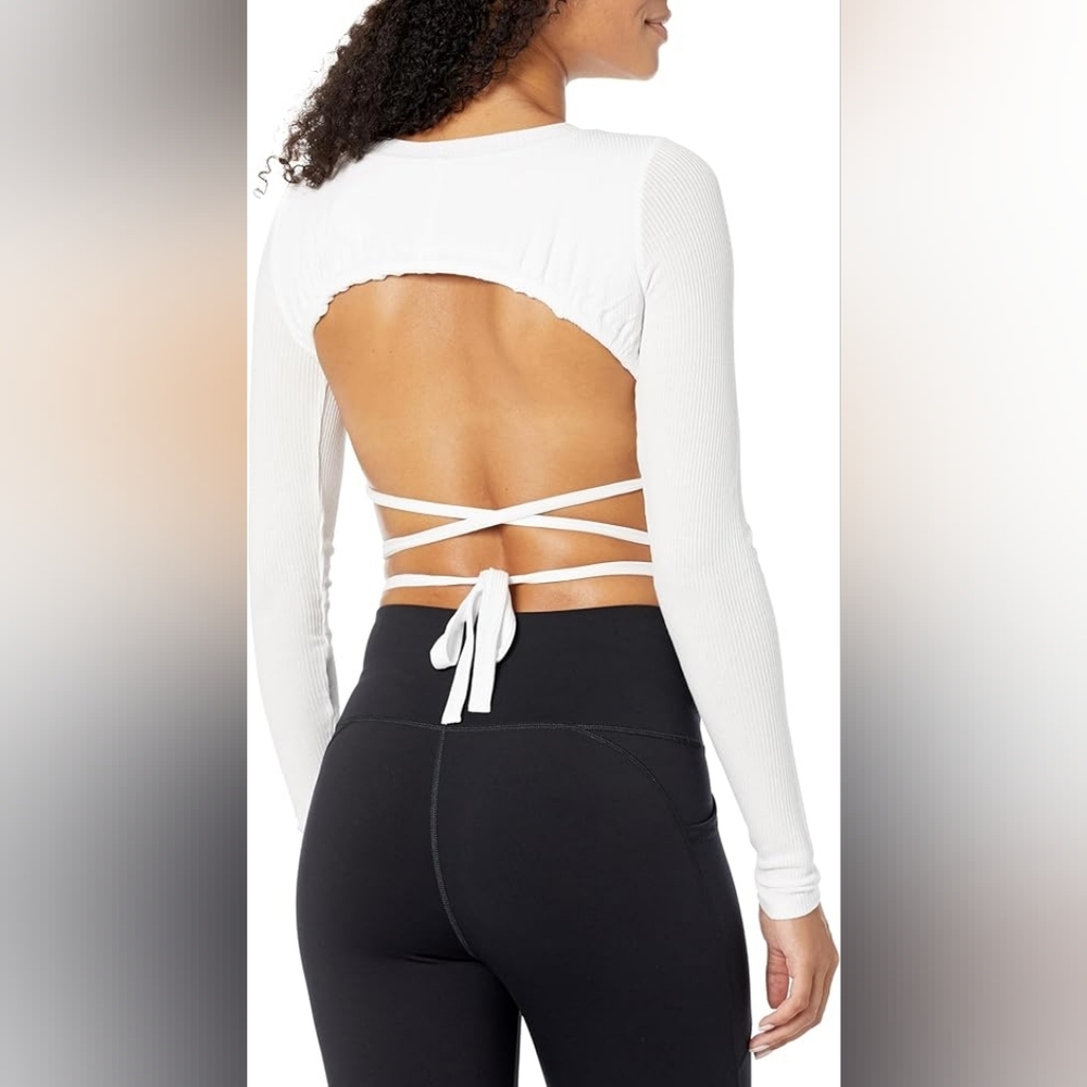 ALO YOGA Ribbed Manifest Long Sleeve, White Crop Top - Picture 4 of 10